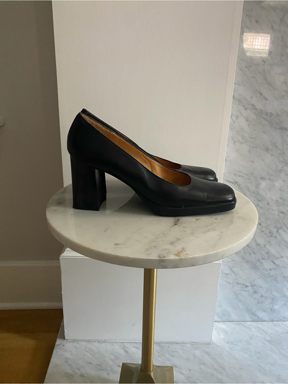 Classic Black Leather Block Heel Pumps